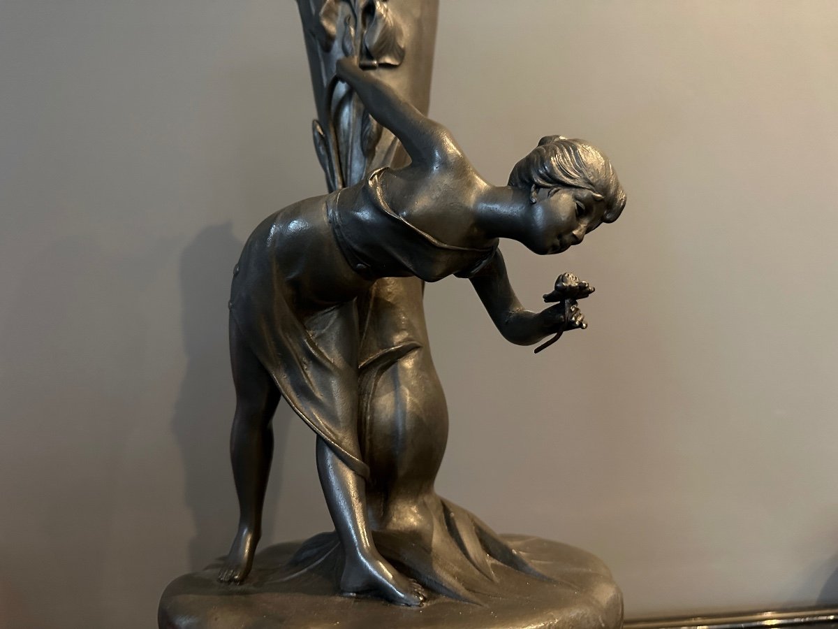Vase Art Nouveau Etain 'jeune Fille Cueillant Un Nenuphar' Signe W. Hering Début 20ème-photo-4