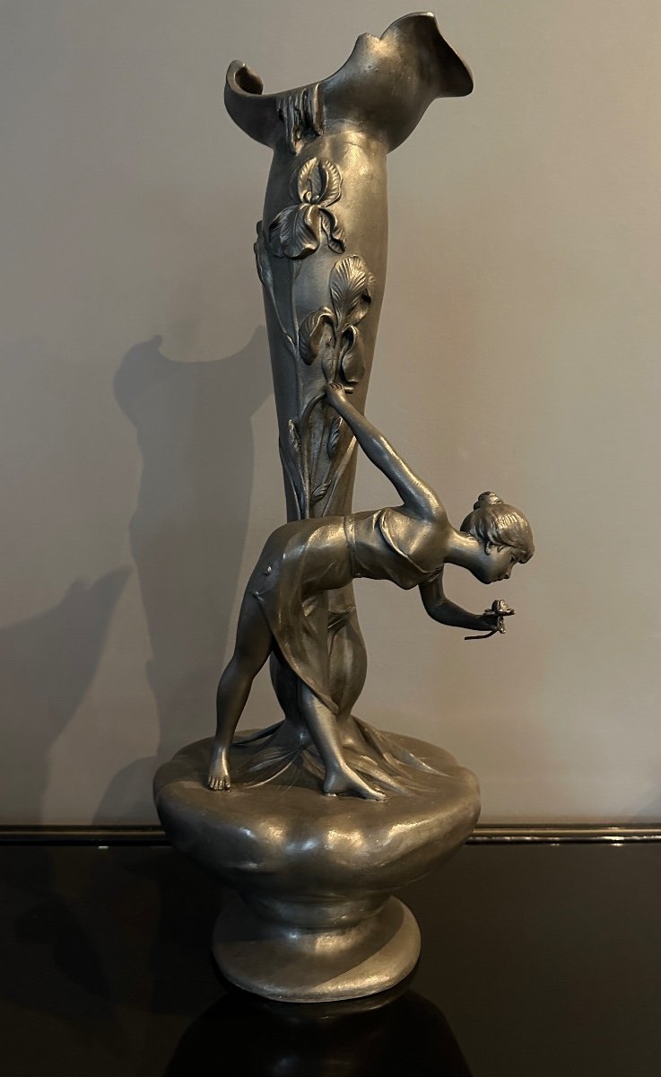 Vase Art Nouveau Etain 'jeune Fille Cueillant Un Nenuphar' Signe W. Hering Début 20ème-photo-5