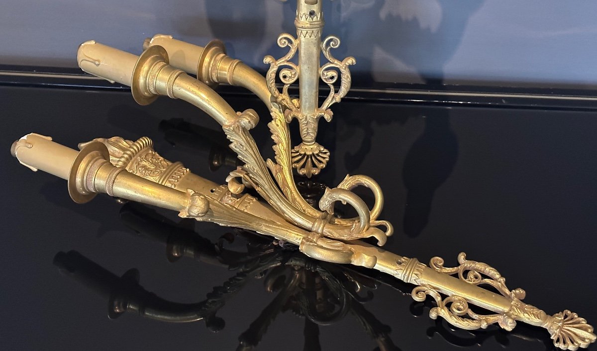 Important Pair Of Empire Style Gilt Bronze Sconces 19th-photo-1