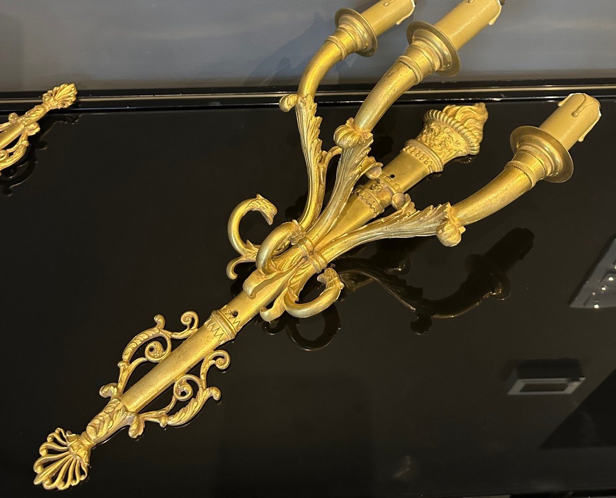 Important Pair Of Empire Style Gilt Bronze Sconces 19th-photo-4