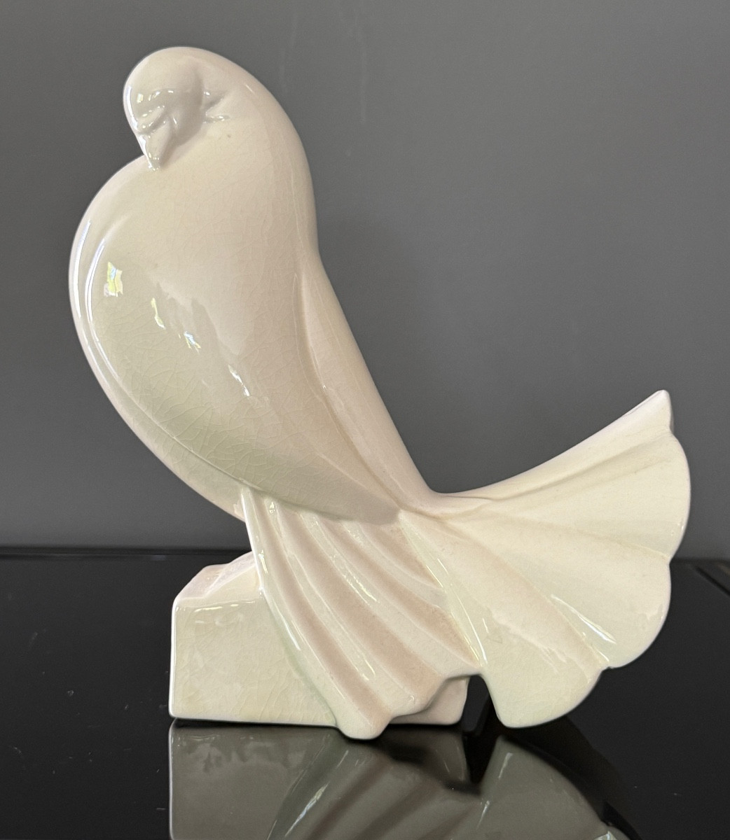 Jacques Adnet, Sculpture Ceramique Emaillée Pigeon Signé (1900 - 1984)-photo-4