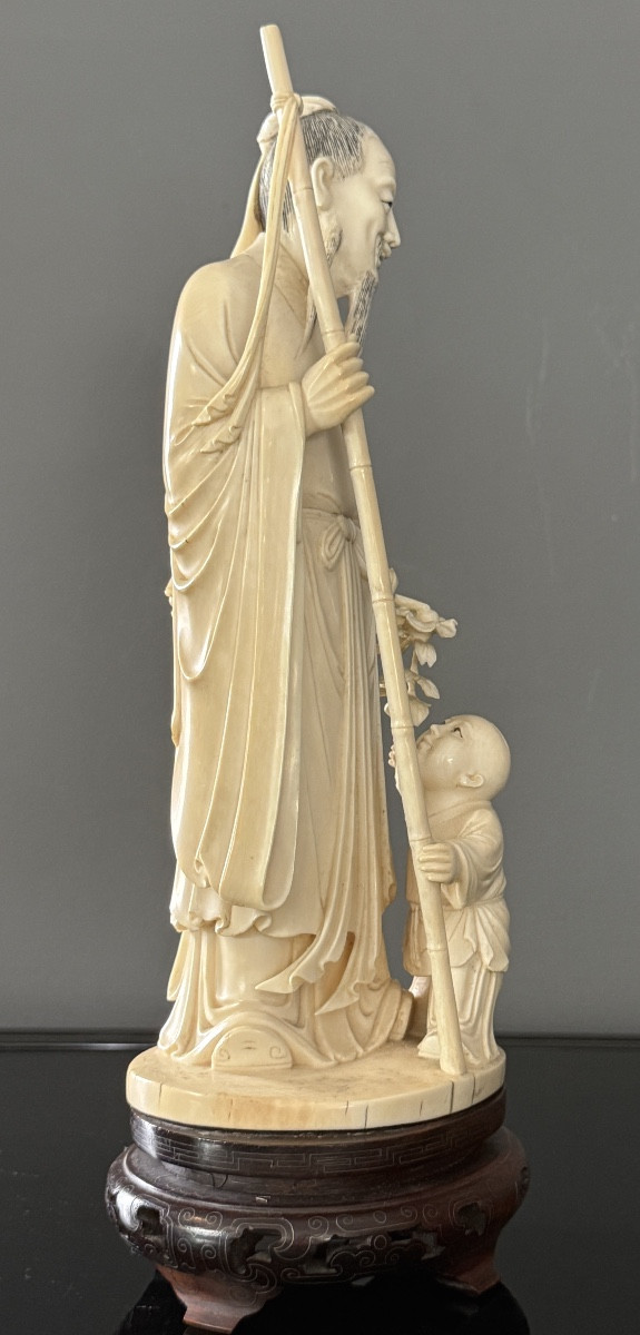 Ivory Group Sculpture Of A Wise Man With A Child, 19th Century-photo-4