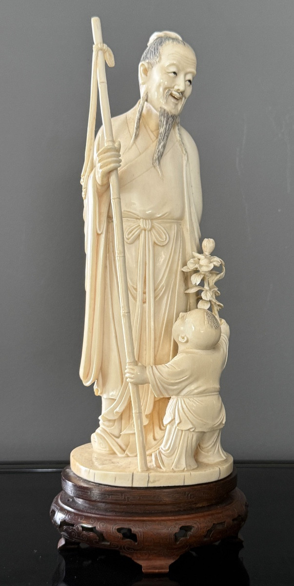 Ivory Group Sculpture Of A Wise Man With A Child, 19th Century-photo-2