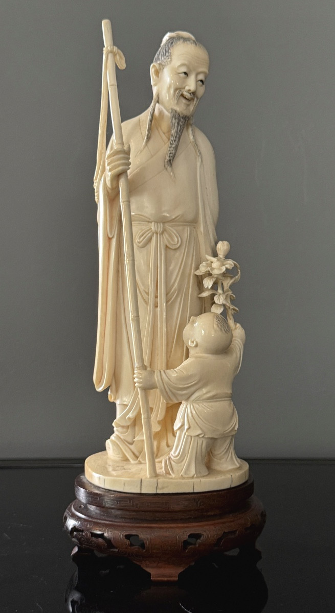 Ivory Group Sculpture Of A Wise Man With A Child, 19th Century