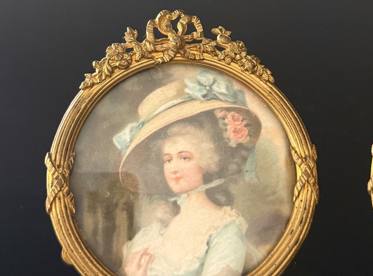 PAIRE DE MINIATURES AQUARELLE BRONZE DORÉ STYLE LOUIS XVI VERS 1900-photo-2
