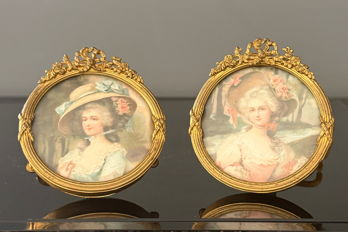 PAIRE DE MINIATURES AQUARELLE BRONZE DORÉ STYLE LOUIS XVI VERS 1900-photo-5