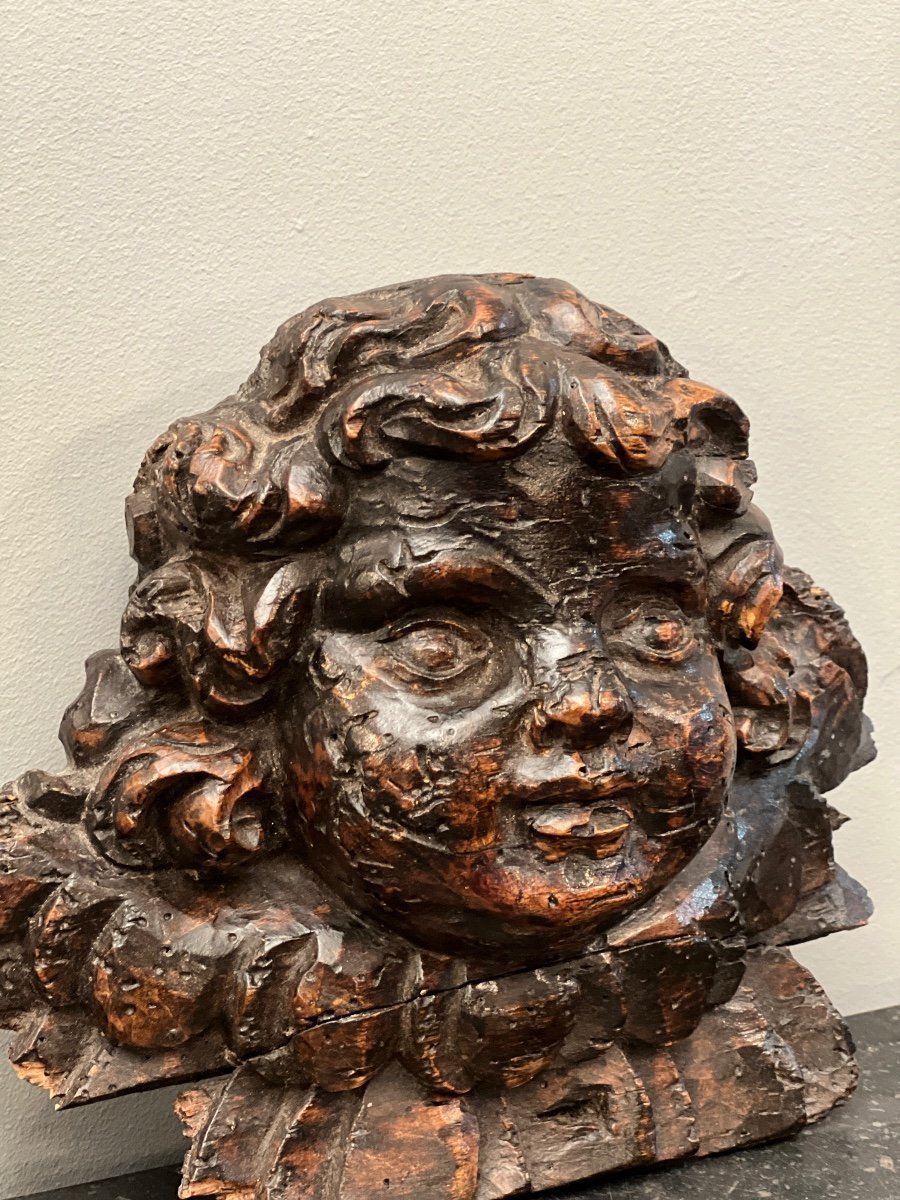 Head Of Angelot In Carved Wood Epoque Eighteenth-photo-2