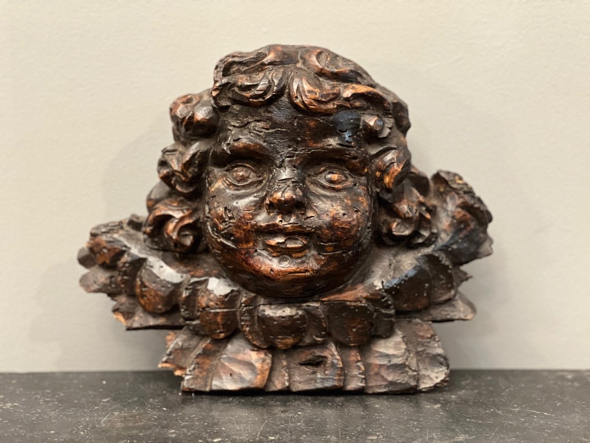 Head Of Angelot In Carved Wood Epoque Eighteenth-photo-1