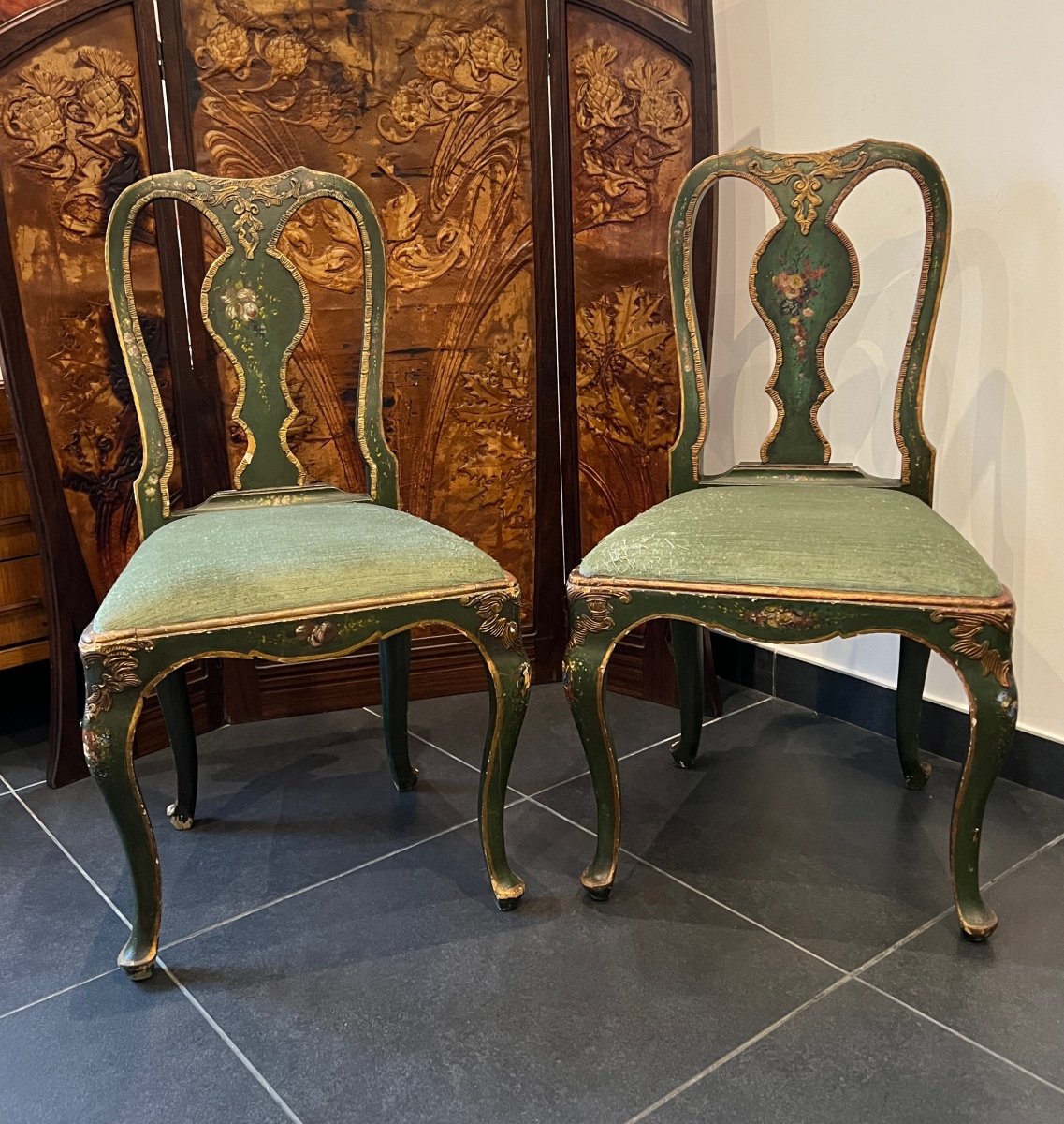 Pair Of Lacquered Chairs Venetian Work XIXth