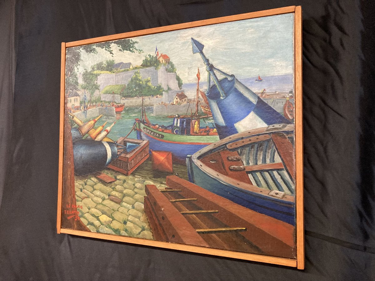 E. Burtin (french School), Port Of Belle-île-en-mer, Citadel, Oil On Canvas Signed, 1959-photo-5