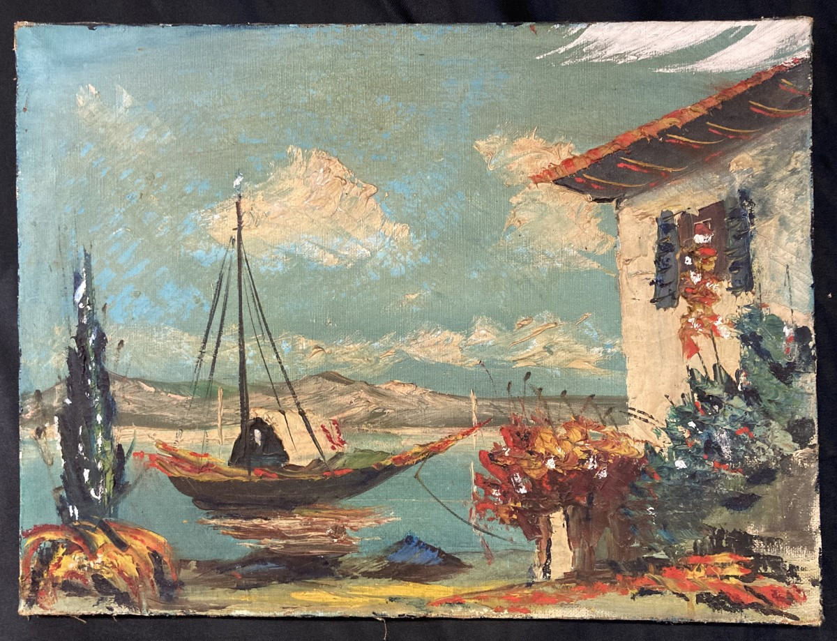 École Française, Marine Méditerranéenne, huile sur toile, milieu XXe siècle