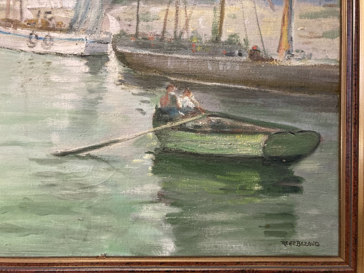 René BEZAUD (1909-2000), La sortie du port, marine encadrée des années 1930-photo-1