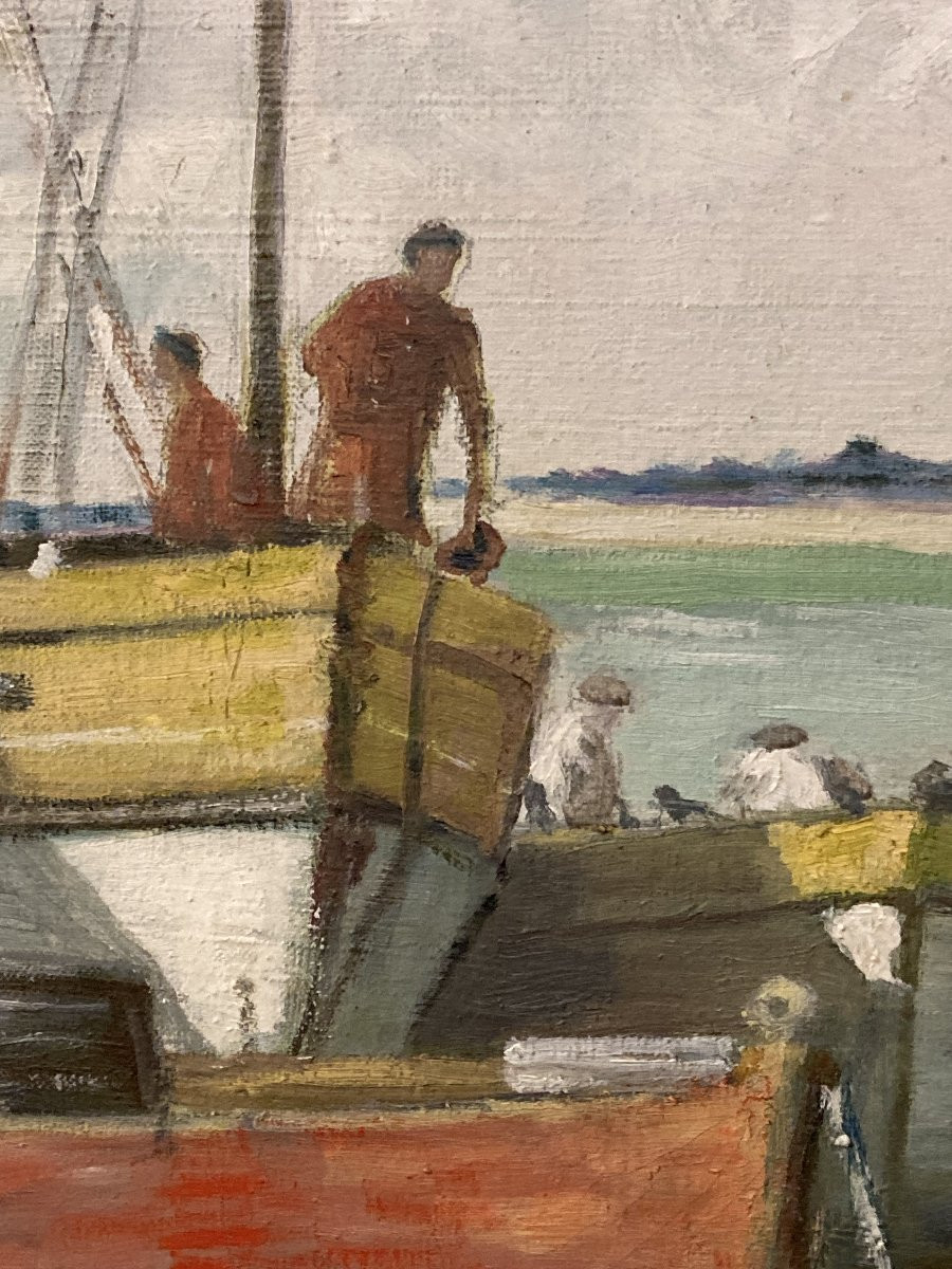 René BEZAUD (1909-2000), La sortie du port, marine encadrée des années 1930-photo-3