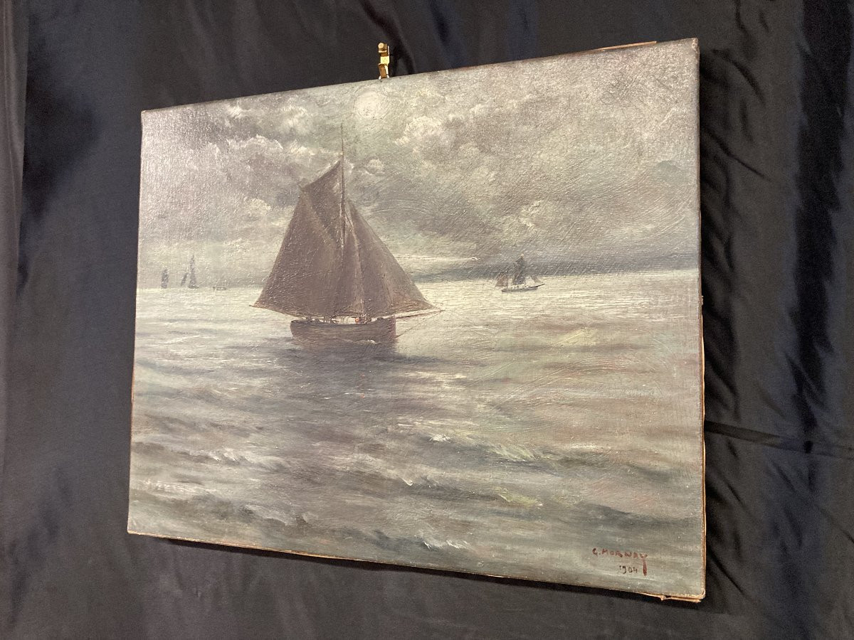 École Française du XXe siècle, Le Vieux Gréement, Marine signée et datée-photo-8