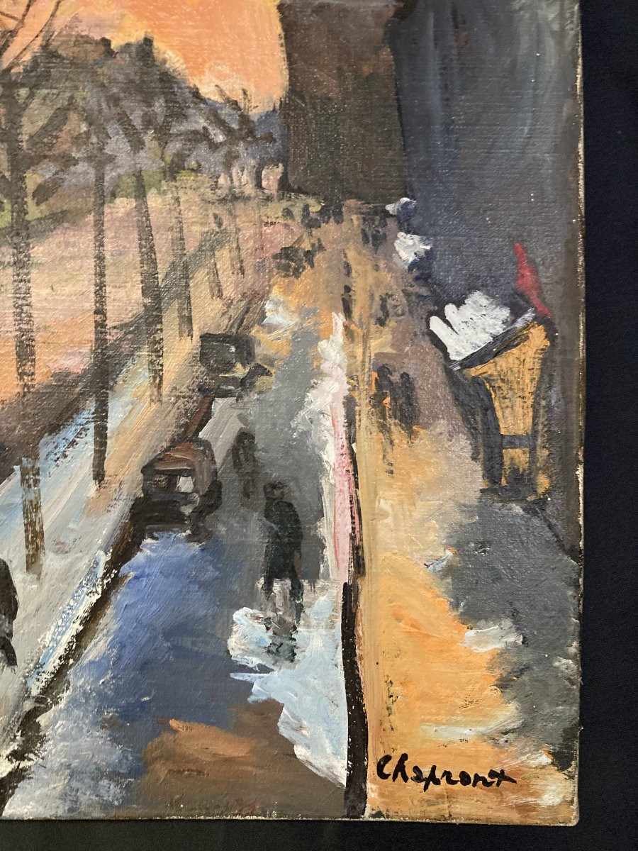 Geneviève CHAPRONT (XXe siècle), Neige Boulevard Saint-Germain, huile sur toile signée-photo-2