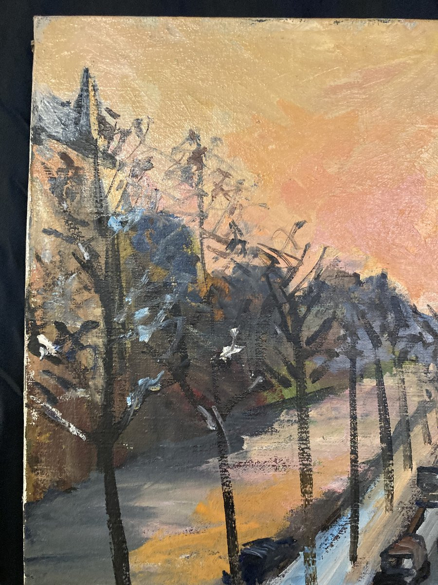 Geneviève CHAPRONT (XXe siècle), Neige Boulevard Saint-Germain, huile sur toile signée-photo-4