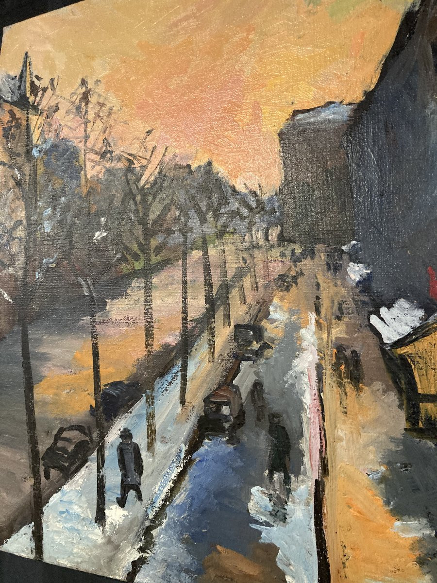 Geneviève CHAPRONT (XXe siècle), Neige Boulevard Saint-Germain, huile sur toile signée-photo-5