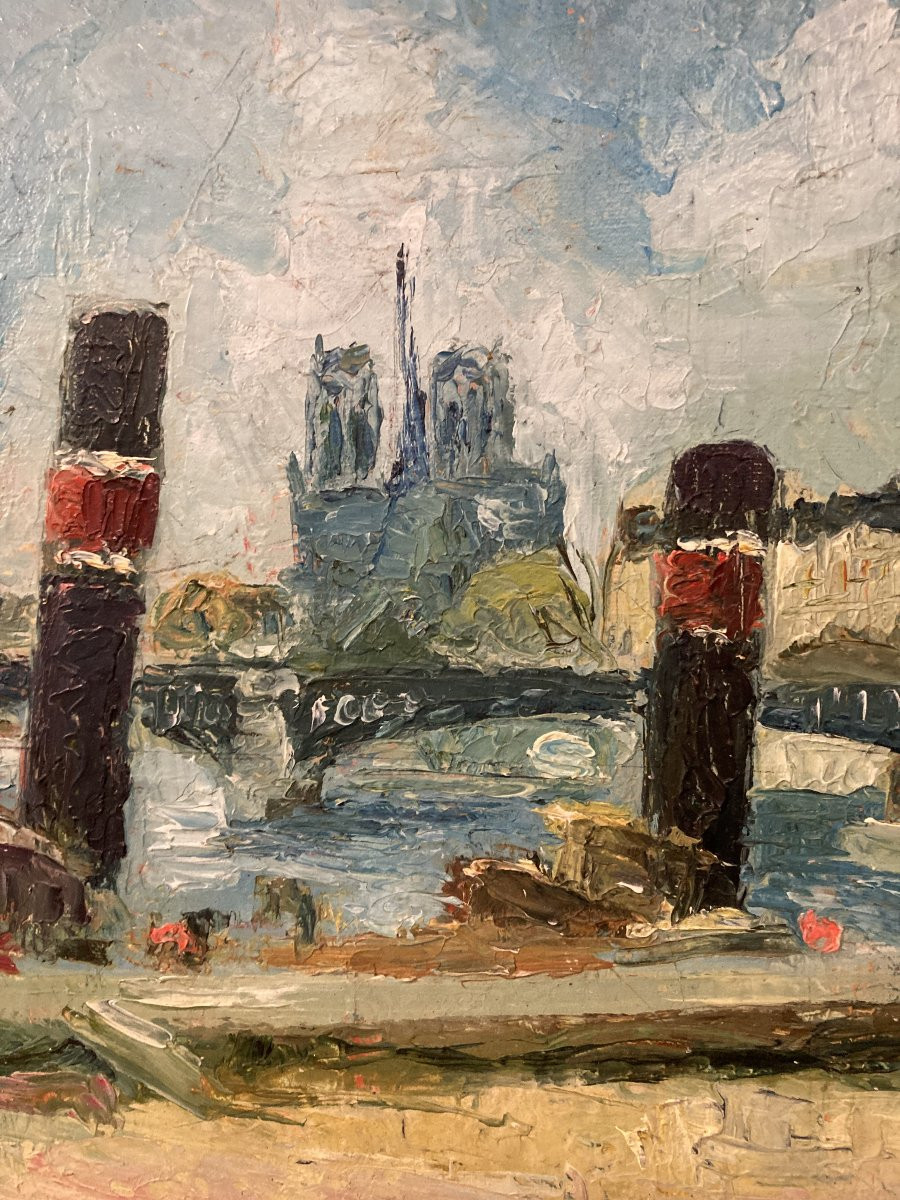 French School, 20th Century, Parisian Barge At The Quayside, Oil On Canvas Mounted On A Board-photo-3