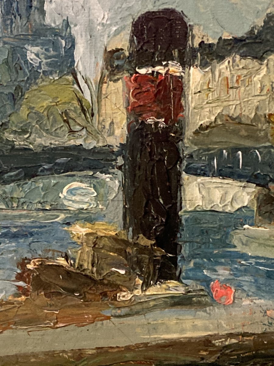 French School, 20th Century, Parisian Barge At The Quayside, Oil On Canvas Mounted On A Board-photo-6
