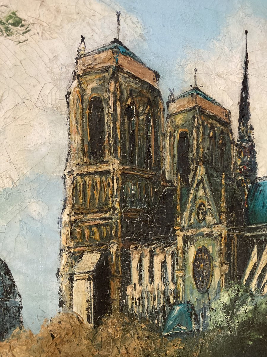 French School, 20th Century, Notre-dame-de-paris, Oil On Canvas-photo-3