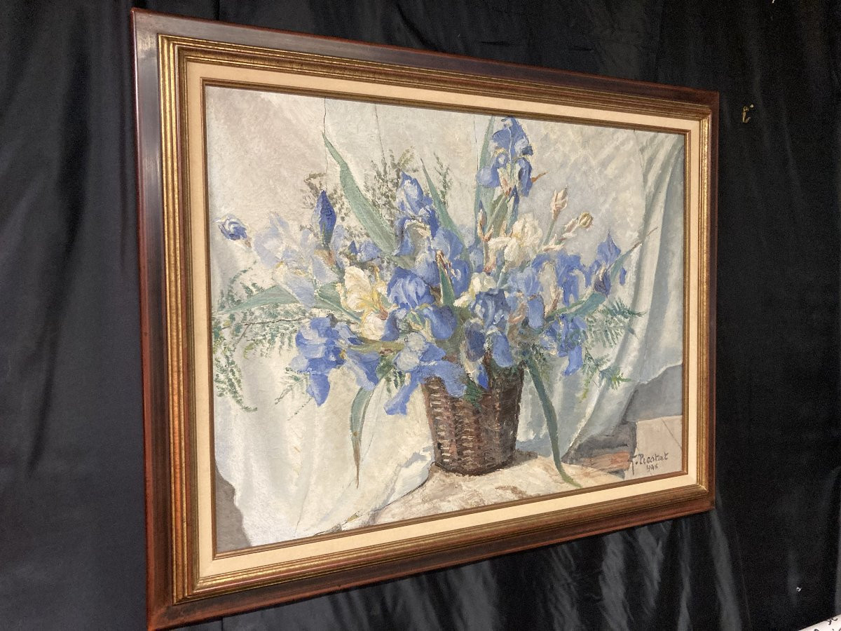 Georges Prestat (1911-1994), Bouquet Of Irises, Oil On Canvas, 1946-photo-3