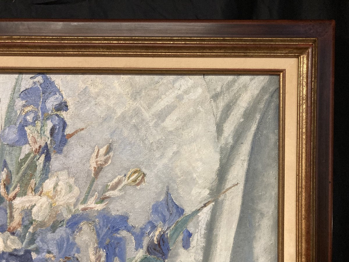 Georges Prestat (1911-1994), Bouquet Of Irises, Oil On Canvas, 1946-photo-3