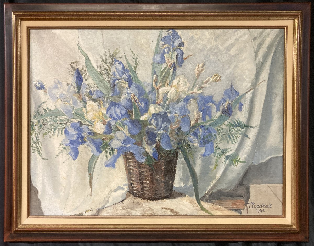 Georges Prestat (1911-1994), Bouquet Of Irises, Oil On Canvas, 1946