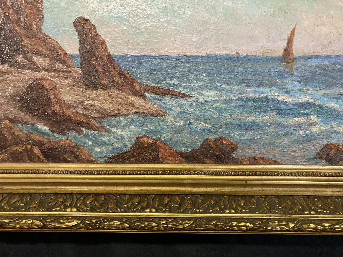 French School Of The 20th Century, Mediterranean Seascape, Oil On Canvas Signed-photo-2