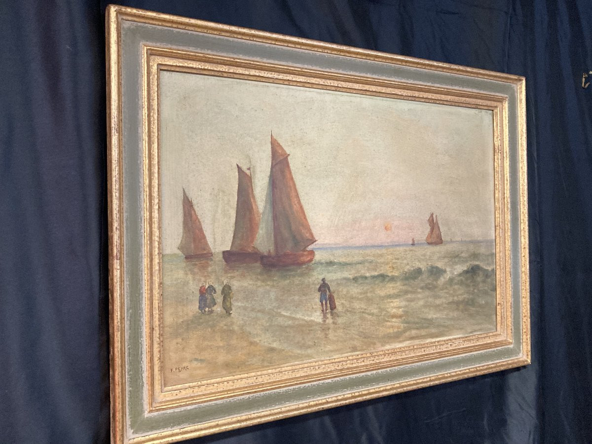 École Française du XXe siècle, Marine au coucher de soleil, huile sur toile signée-photo-3