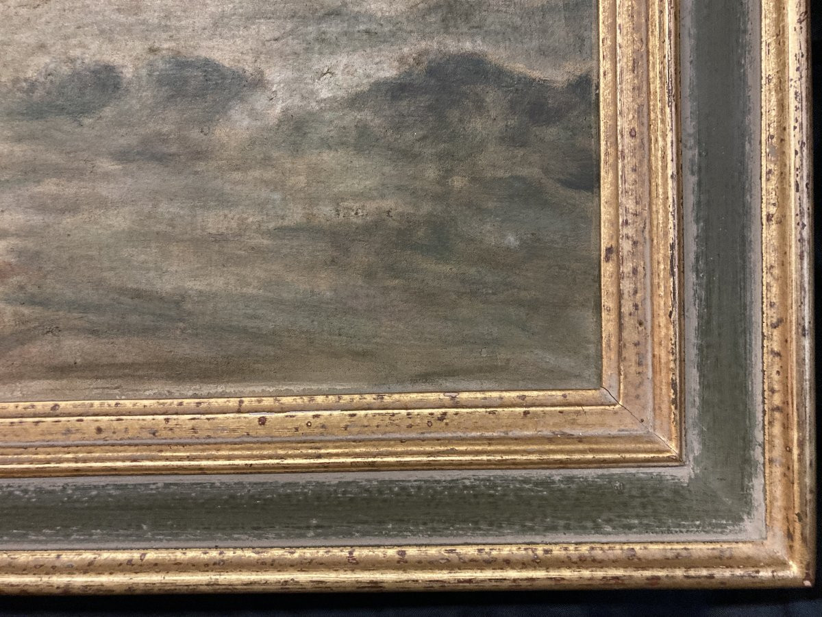 École Française du XXe siècle, Marine au coucher de soleil, huile sur toile signée-photo-2