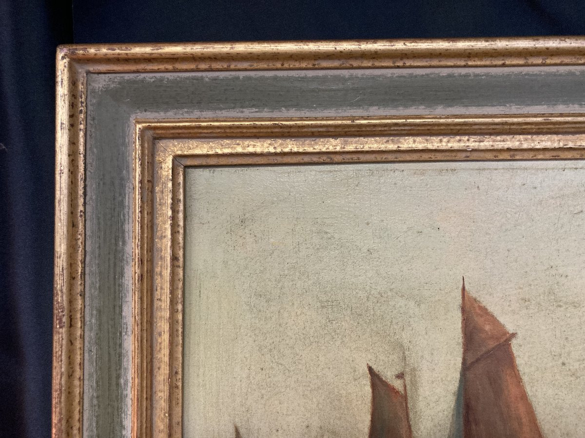 École Française du XXe siècle, Marine au coucher de soleil, huile sur toile signée-photo-4