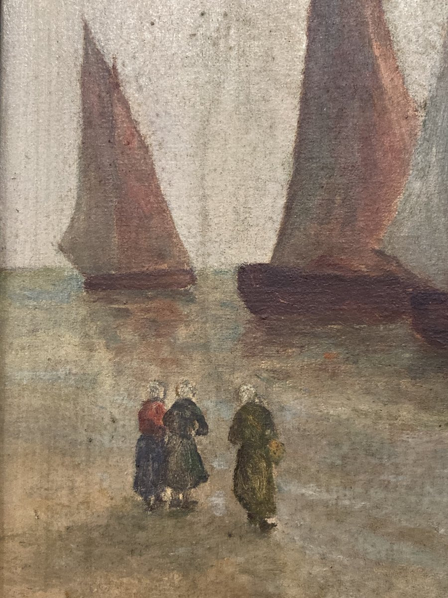 École Française du XXe siècle, Marine au coucher de soleil, huile sur toile signée-photo-5