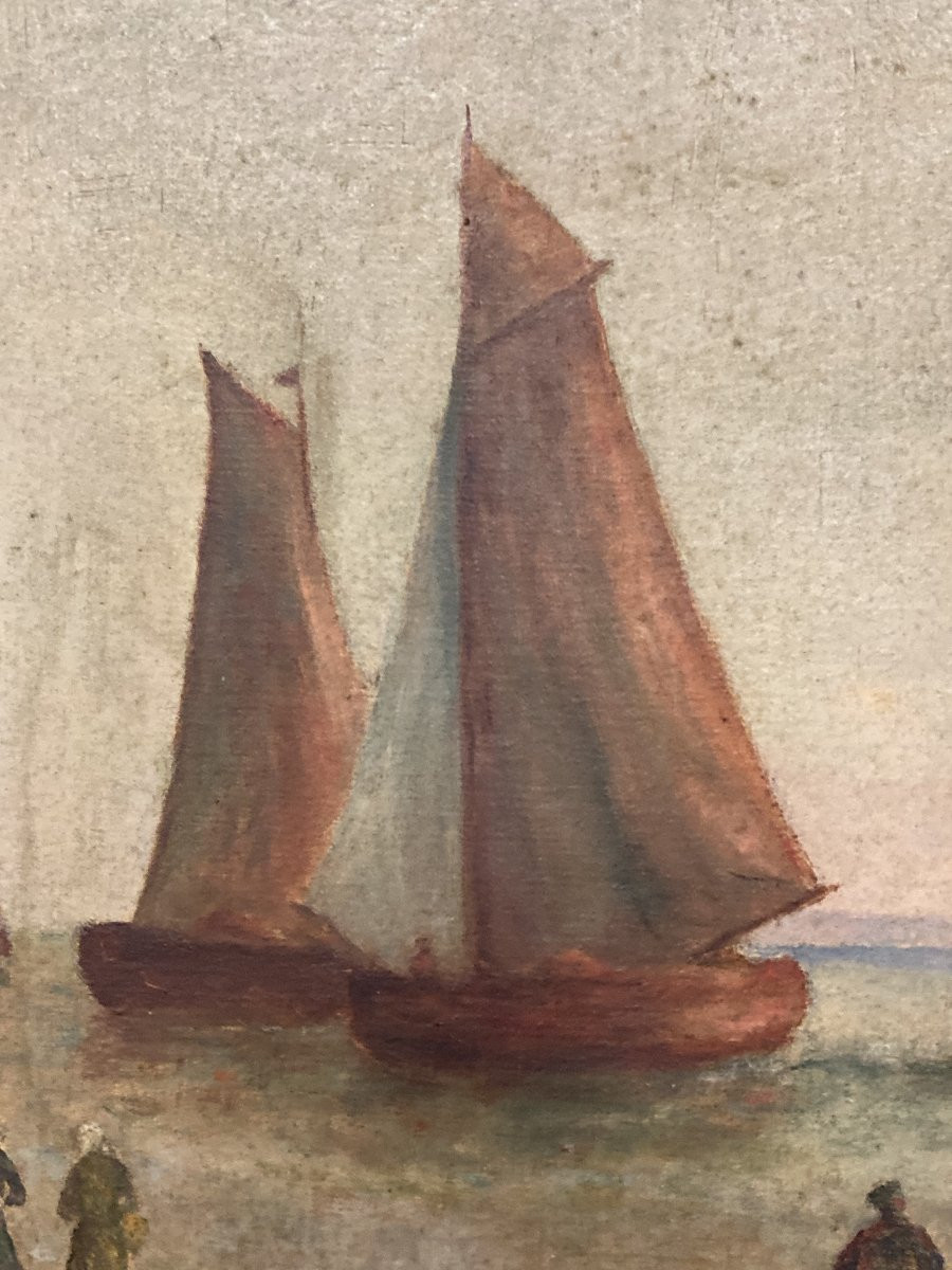 École Française du XXe siècle, Marine au coucher de soleil, huile sur toile signée-photo-6