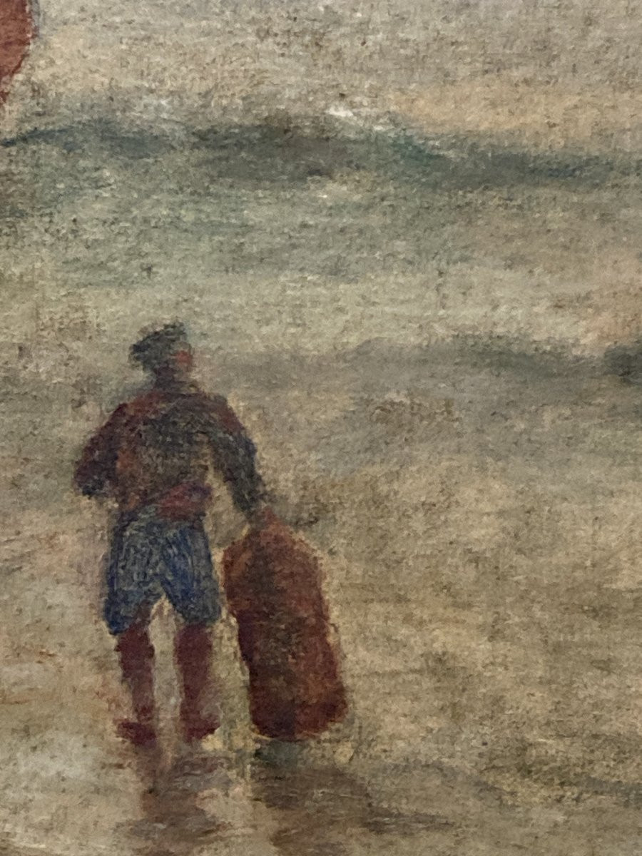 École Française du XXe siècle, Marine au coucher de soleil, huile sur toile signée-photo-7