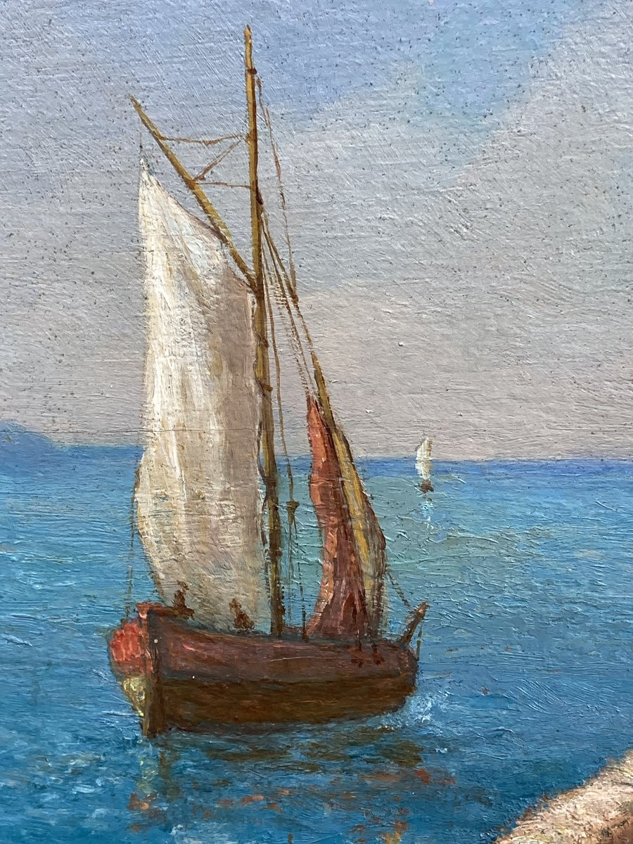École Française du XXe siècle, Bord de mer Méditerranéen, huile sur panneau signée-photo-5