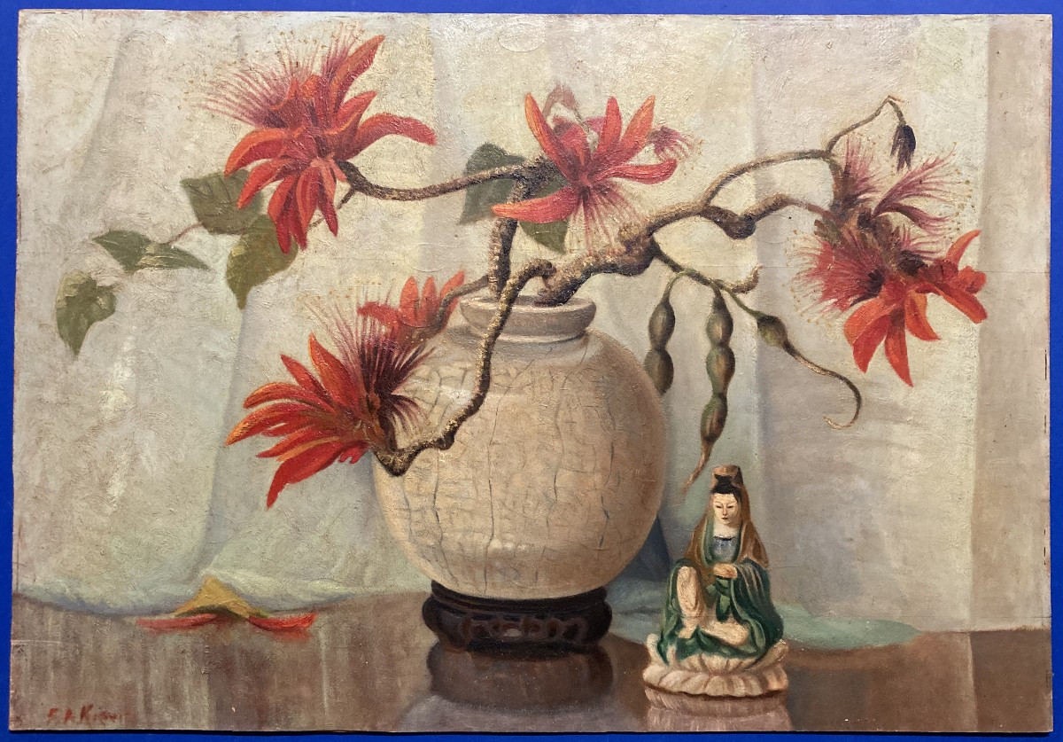 Frederik Anton KIEVITS (1887-1951) Nature morte indonésienne à "l'arbre corail", huile sur bois