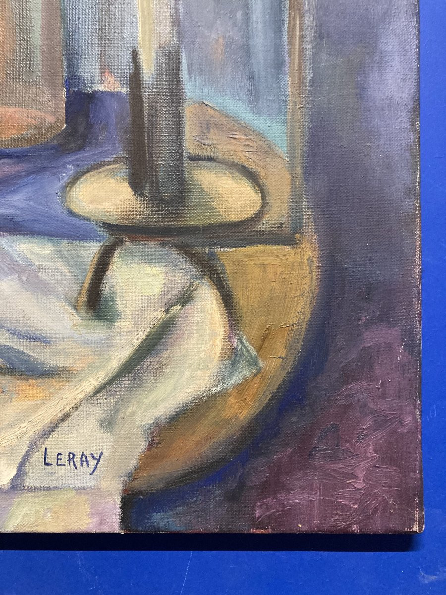 French School 20th Century "in Front Of The Window" Fauvist Still Life Signed Leray, Oil On Canvas-photo-2