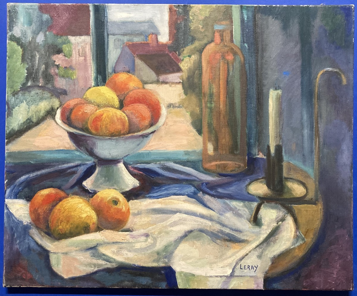 French School 20th Century "in Front Of The Window" Fauvist Still Life Signed Leray, Oil On Canvas