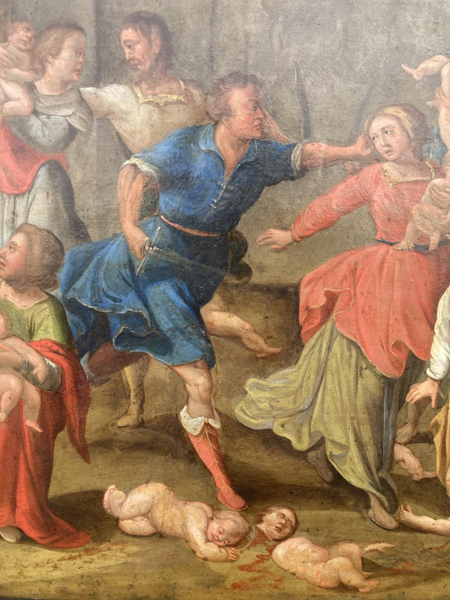 École du nord, fin XVIIe siècle, Le Massacre des Innocents, Huile sur cuivre encadrée-photo-8