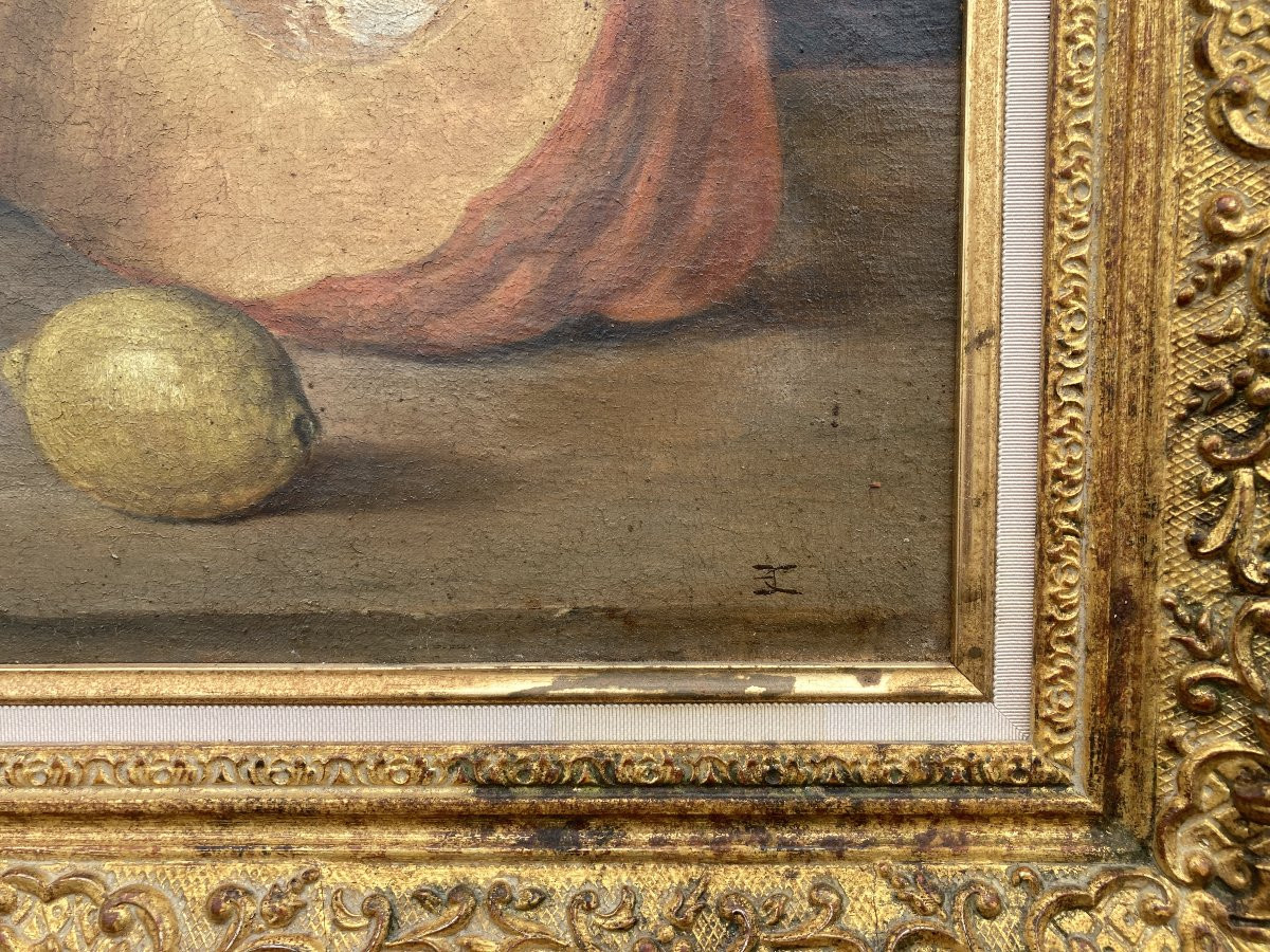 École Française, Nature morte à la Courge et au broc, Huile sur toile encadrée-photo-2