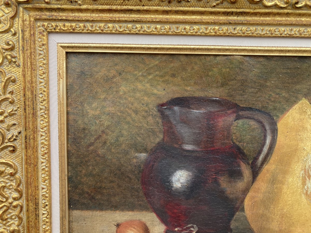 École Française, Nature morte à la Courge et au broc, Huile sur toile encadrée-photo-4