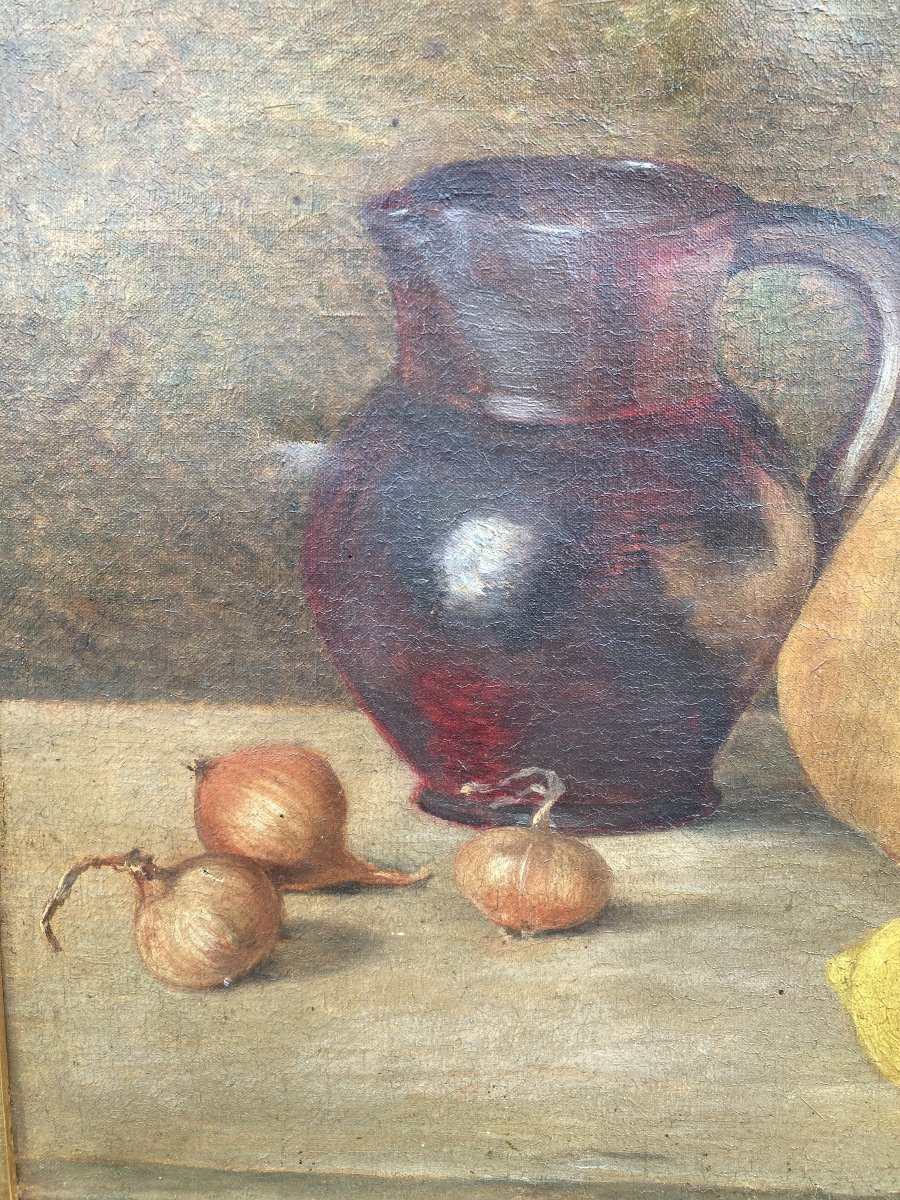École Française, Nature morte à la Courge et au broc, Huile sur toile encadrée-photo-5