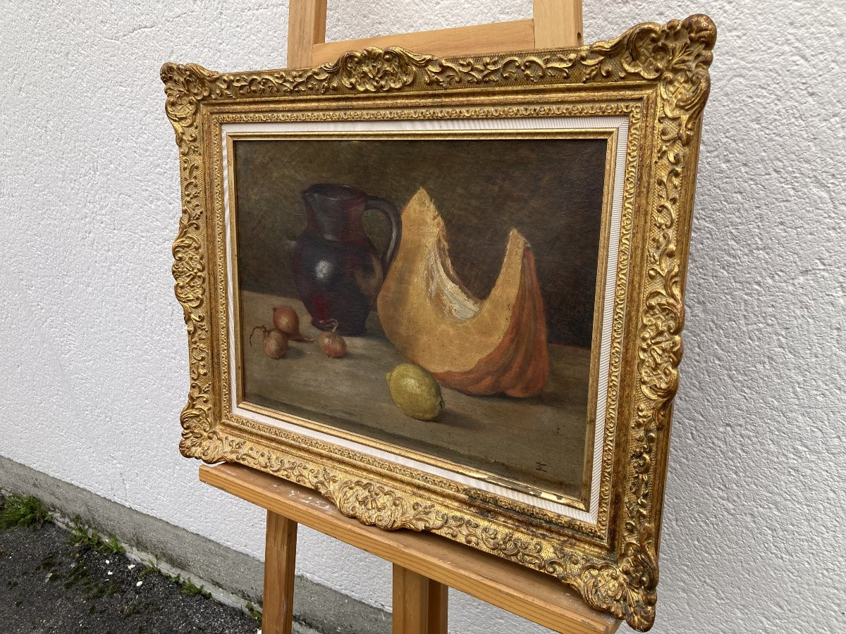 École Française, Nature morte à la Courge et au broc, Huile sur toile encadrée-photo-6