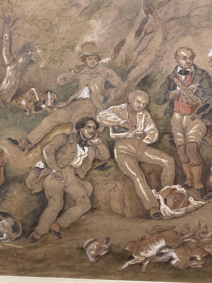 French School, 19th Century, Luncheon After The Hunt, Framed Watercolor And Gouache-photo-3