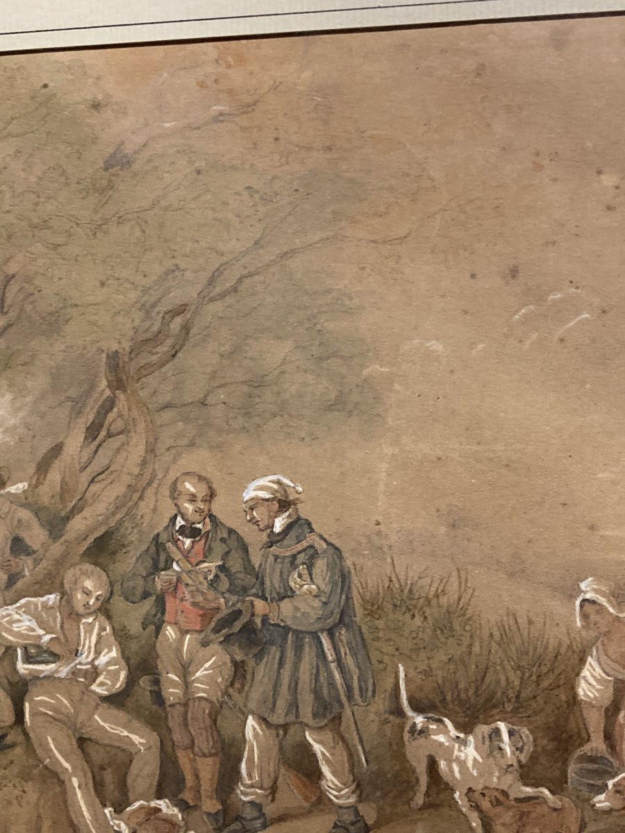 French School, 19th Century, Luncheon After The Hunt, Framed Watercolor And Gouache-photo-8