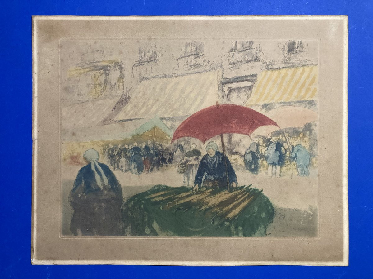 Georges Gobeau, Known As Gobô (1876-1958), The Market Of Douarnenez, Framed Aquatint -photo-2