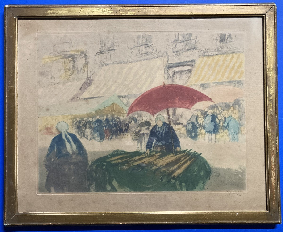 Georges Gobeau, Known As Gobô (1876-1958), The Market Of Douarnenez, Framed Aquatint 