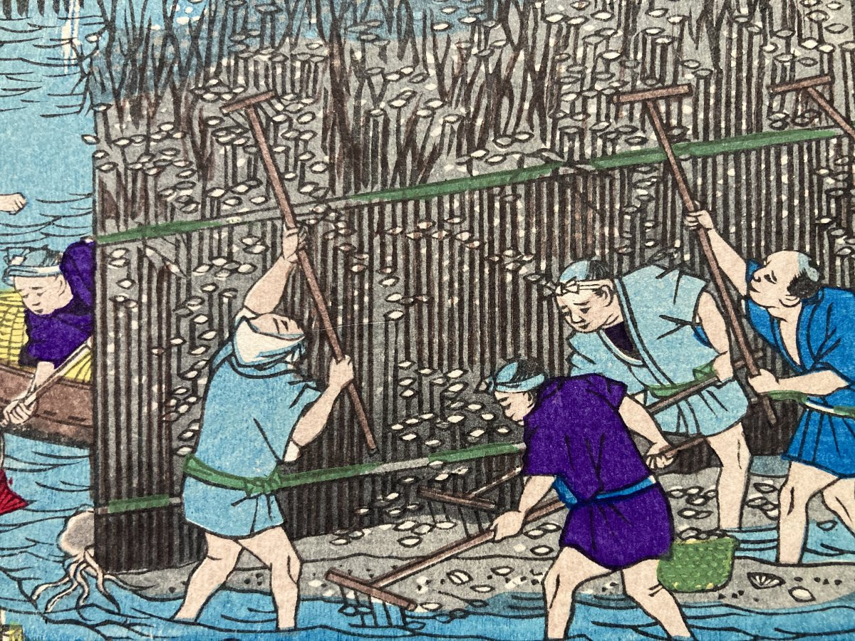 Tokubei ANDO (1842-1894) dit HIROSHIGE III, L'ostréiculture à Hiroshima, Estampe Japonaise-photo-5