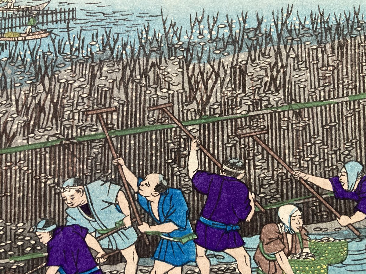 Tokubei ANDO (1842-1894) dit HIROSHIGE III, L'ostréiculture à Hiroshima, Estampe Japonaise-photo-6