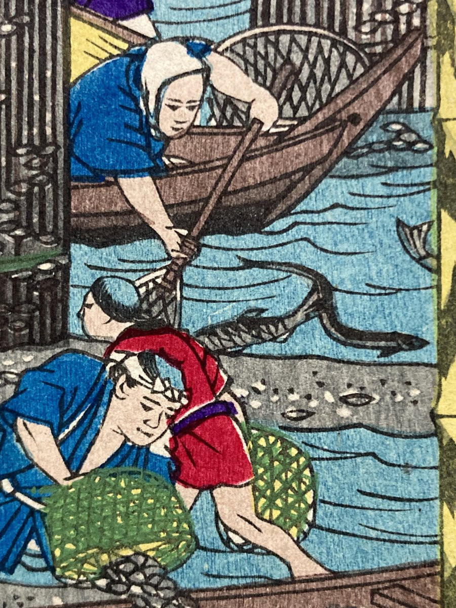Tokubei ANDO (1842-1894) dit HIROSHIGE III, L'ostréiculture à Hiroshima, Estampe Japonaise-photo-8